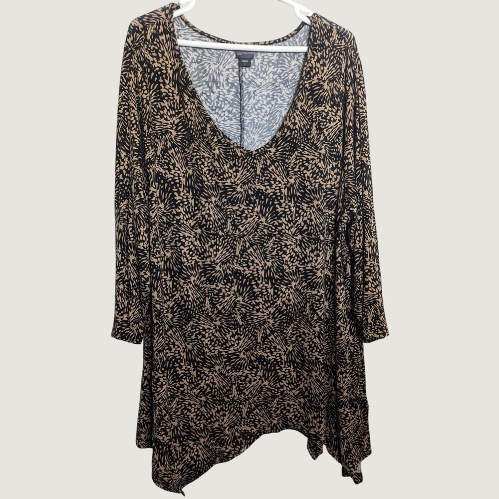 Covington Woman Blouse Women Plus Size‎ 3X Black Tan Sharkbite Hem Abstract Top